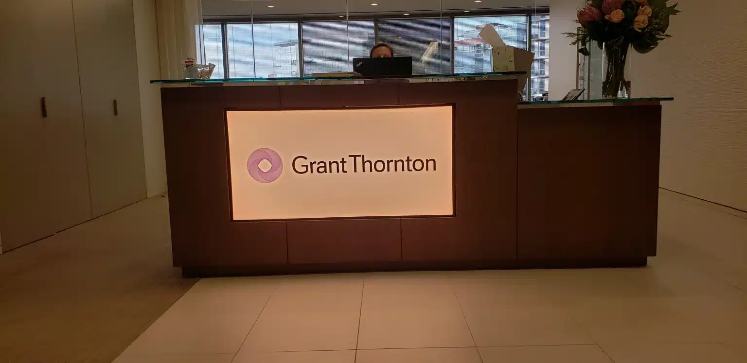 Reception logo sign, Grant Thornton, Atlanta, GA, by High Stakes Creative