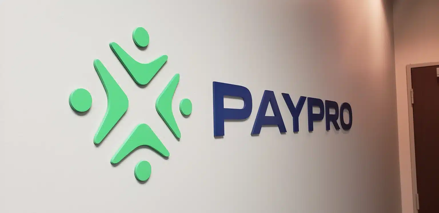 Dimensional wall logo, PayPro, by High Stakes Creative, metro Atlanta