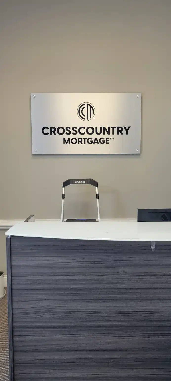 Reception logo sign, CrossCountry Mortgage, Alpharetta, GA, by High Stakes Creative