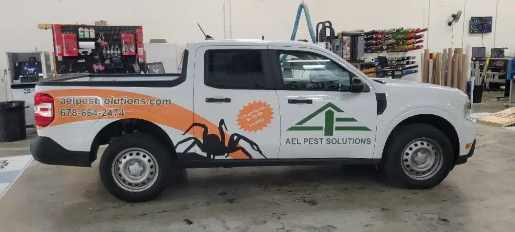 Pickup truck partial wrap, AEL Pest Solutions, by High Stakes Creative
