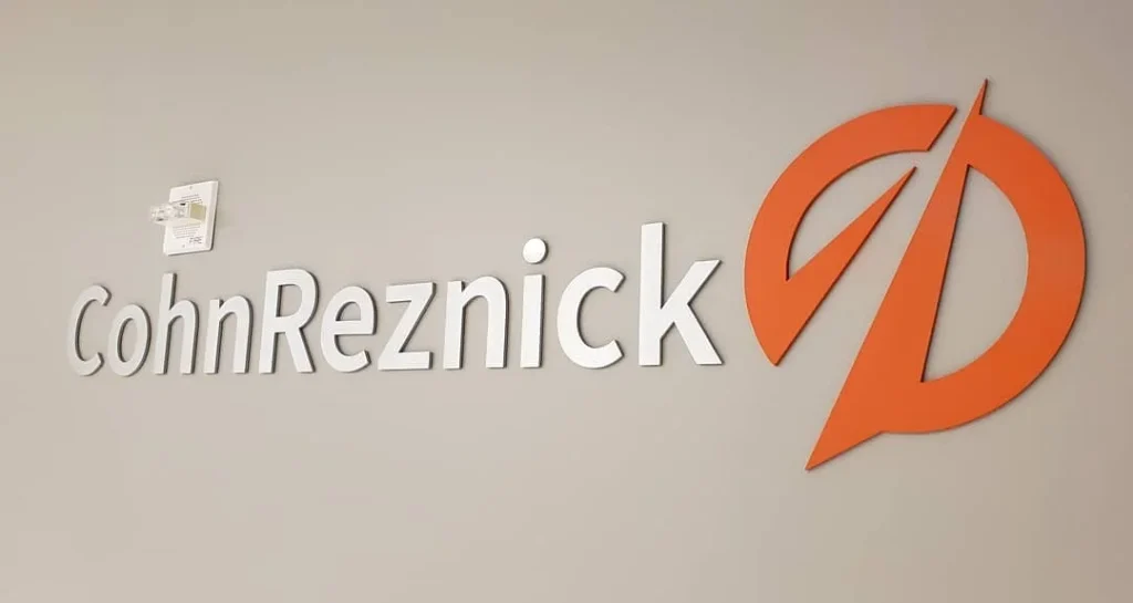 Dimensional lobby logo, CohnReznick, Atlanta, GA, by High Stakes Creative, metro Atlanta