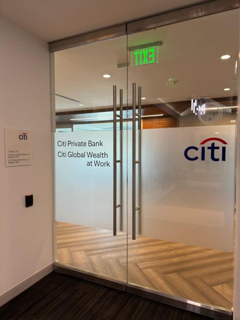 Branded glass entry doors, Citi Private Bank, Atlanta, GA, by High Stakes Creative