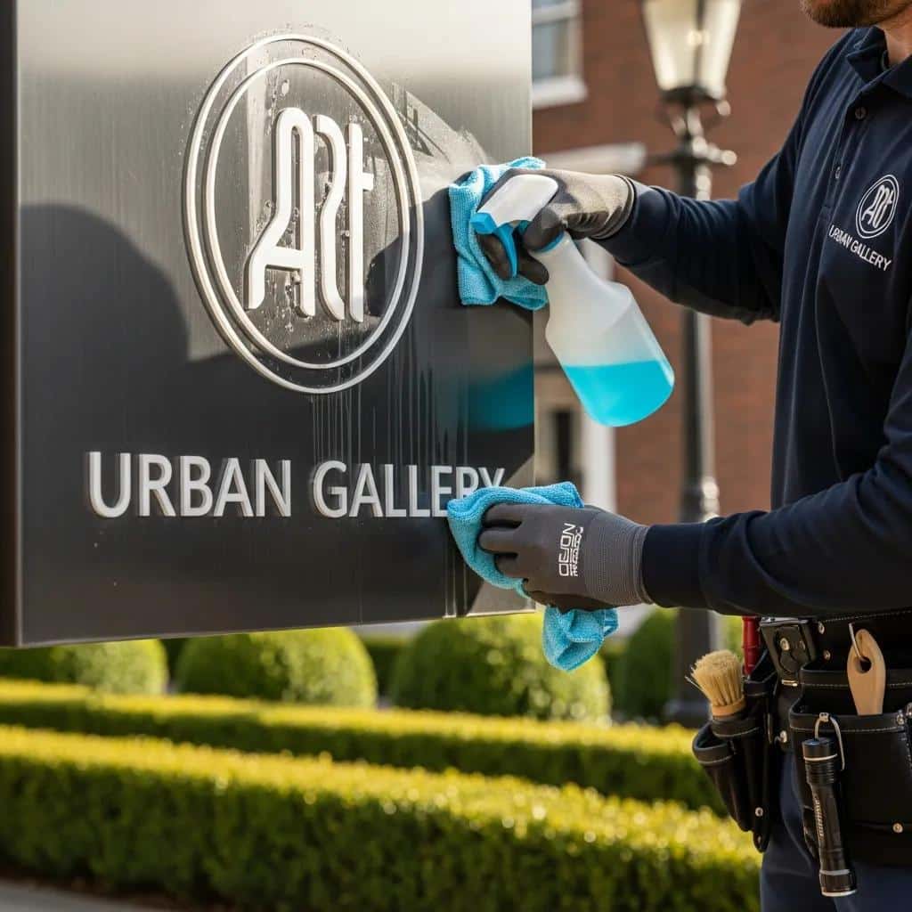 A professional conducting maintenance on a mounted sign, emphasizing the importance of regular upkeep for longevity