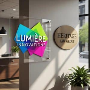 Acrylic and metal signage displaying "LUMIÈRE INNOVATIONS" and "HERITAGE LAW GROUP" in a modern business environment, emphasizing branding and design applications.