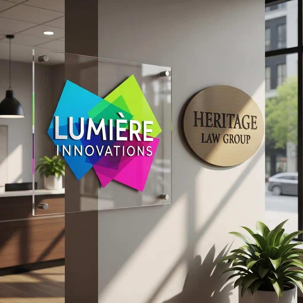 Acrylic and metal signs displayed in a business environment, highlighting branding options
