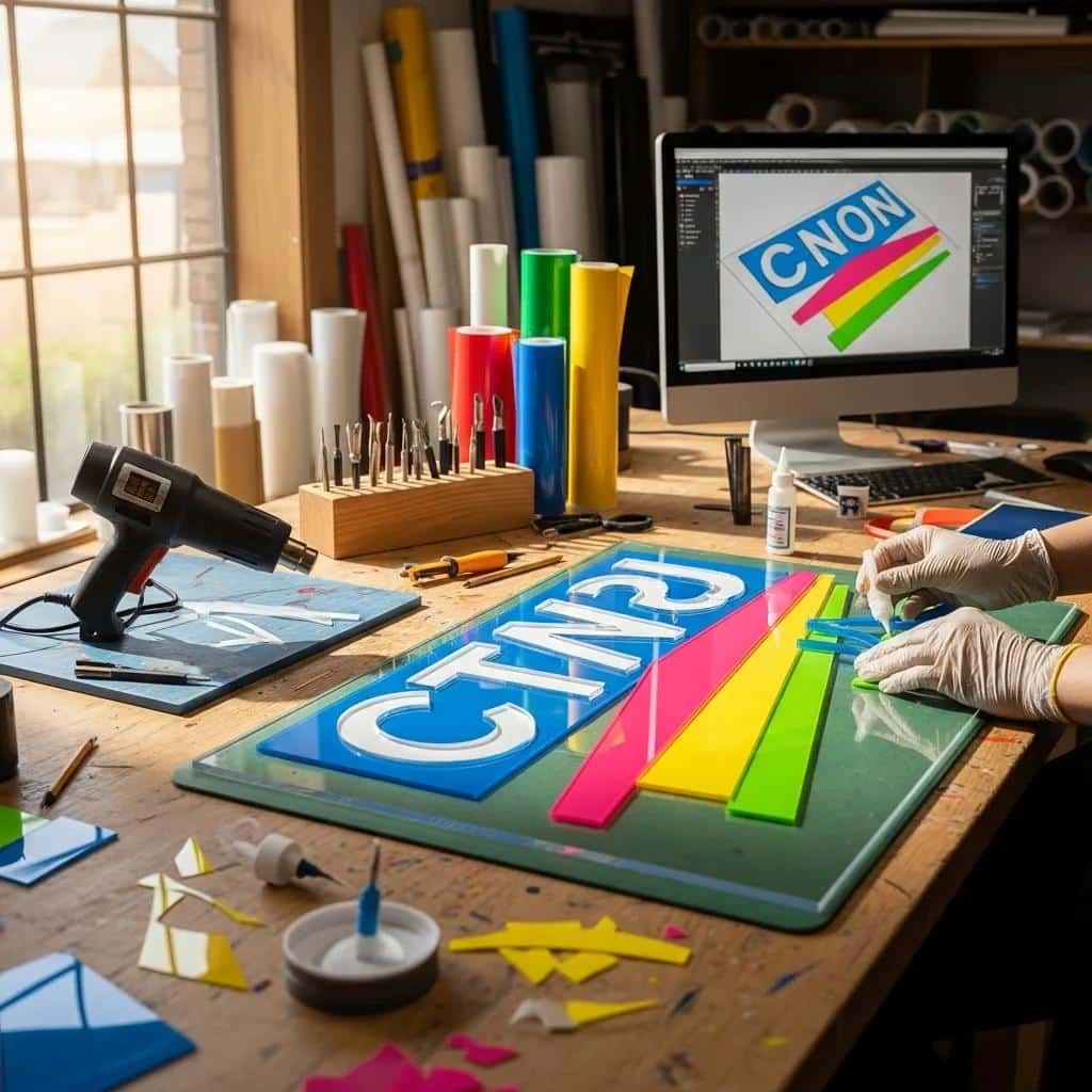 Acrylic sign customization process in a workshop, showcasing vibrant colors and design tools