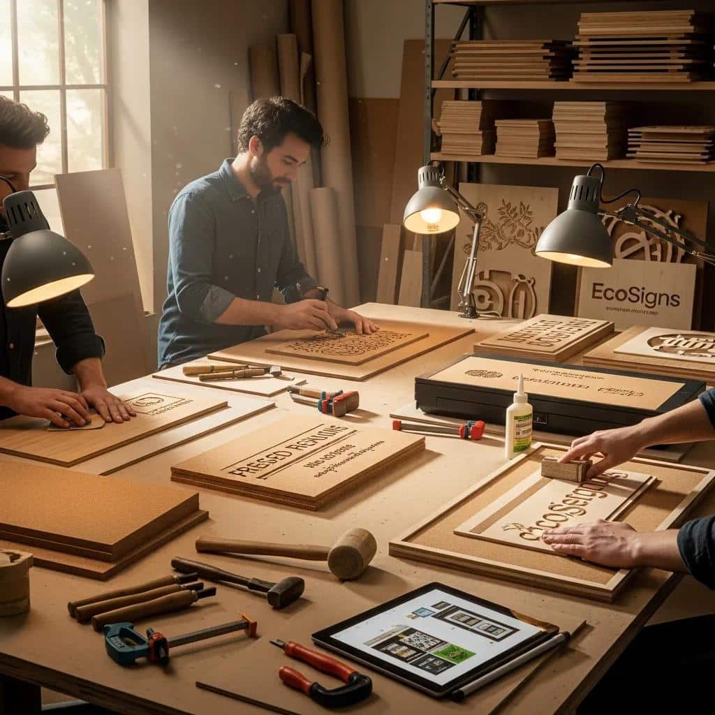 Artisans working with bio-based sign substrates, showcasing the craftsmanship and sustainability of eco-friendly materials