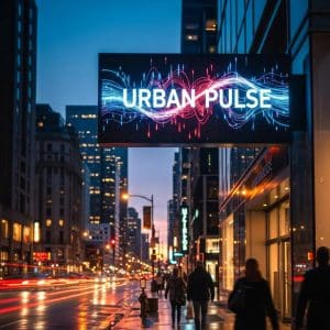 Bright LED illuminated sign reading "URBAN PULSE" in an urban setting, enhancing business visibility at dusk, surrounded by pedestrians and city lights.