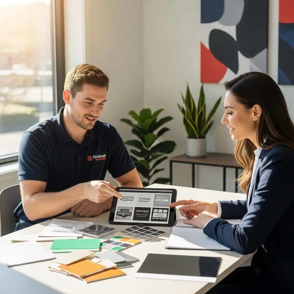 Business owner consulting with a sign installer about design options and materials