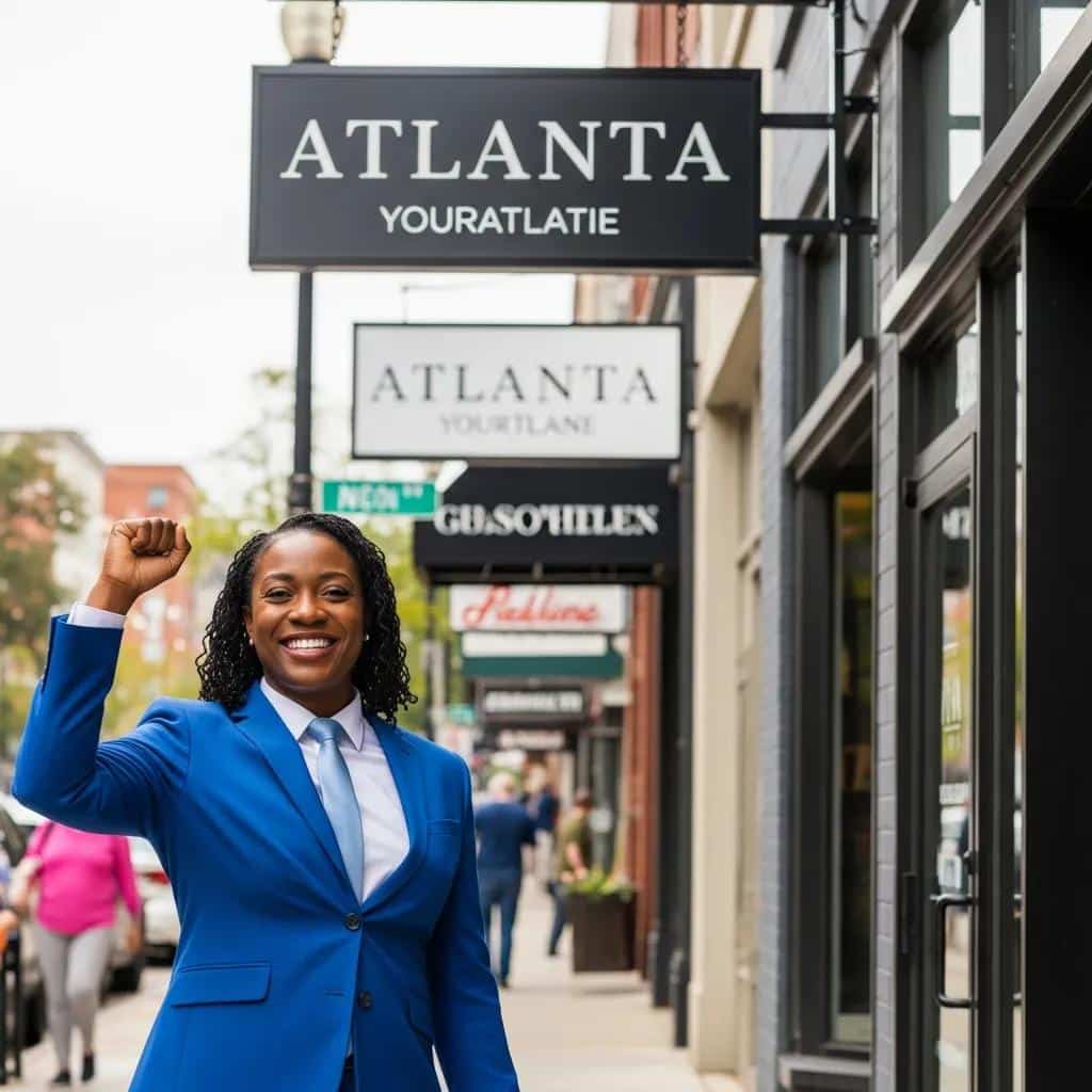 Business owner in Atlanta proudly displaying a new sign in front of their store, symbolizing success and compliance with local regulations