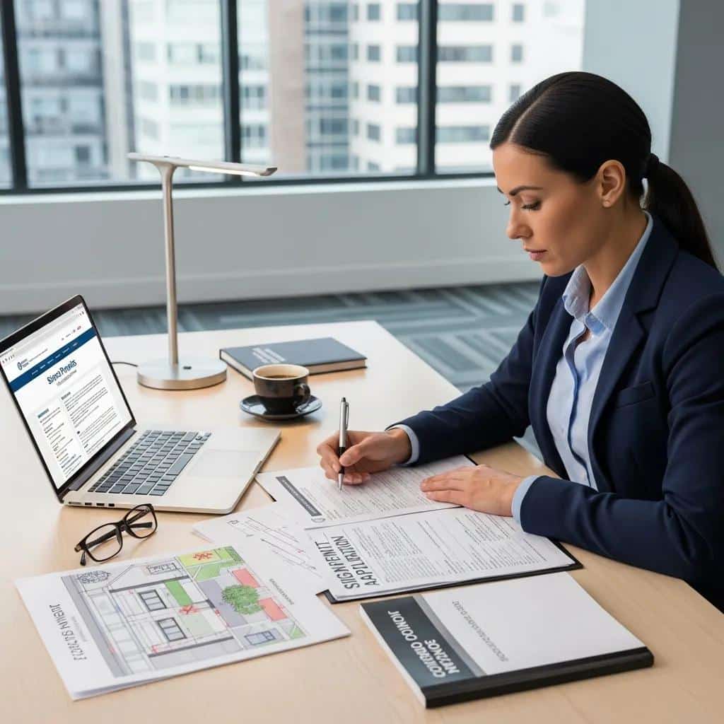 Business owner preparing sign permit application documents at a desk, showcasing the application process
