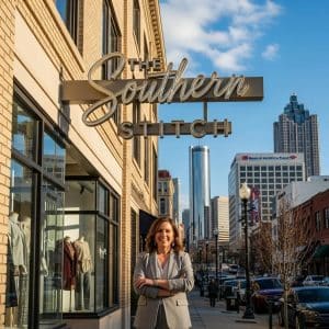 Business owner proudly displaying a new storefront sign in Atlanta, emphasizing the importance of signage permits