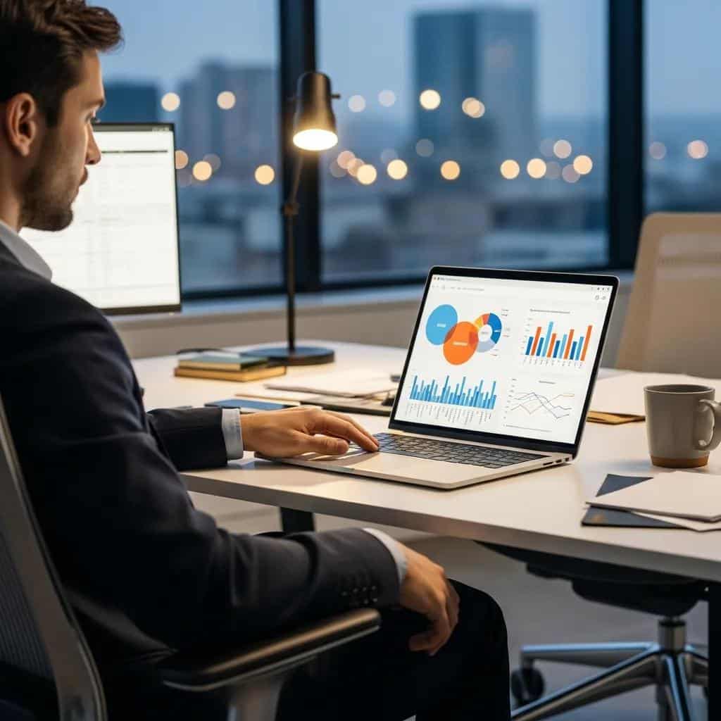 Business professional analyzing signage performance data in a modern office