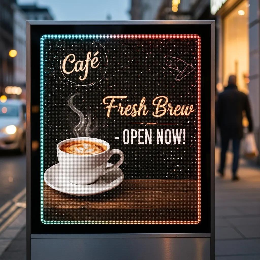 Close-up of a bright LED sign in a business setting, highlighting its advantages for branding