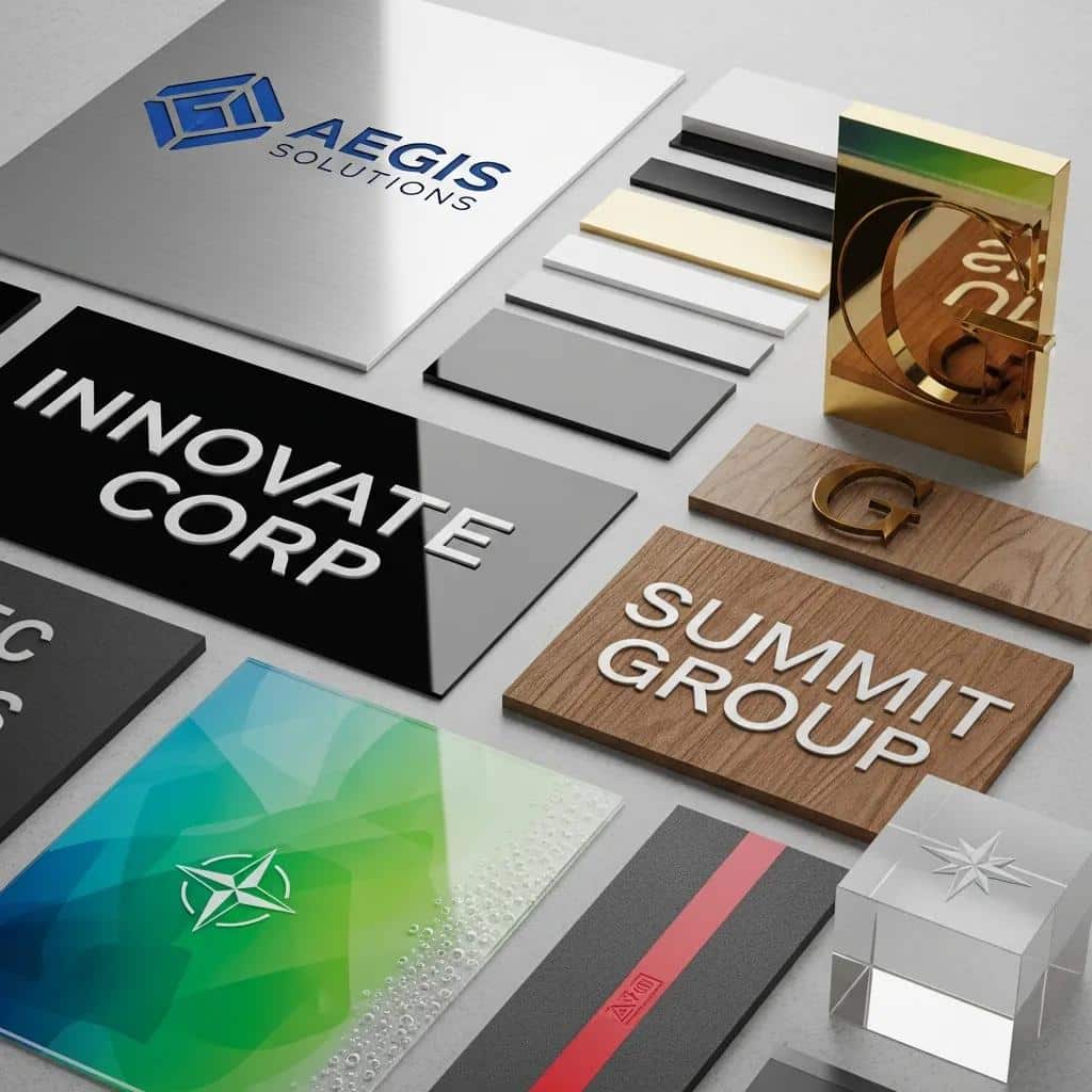 Close-up of materials and styles used in signage design for corporate identity