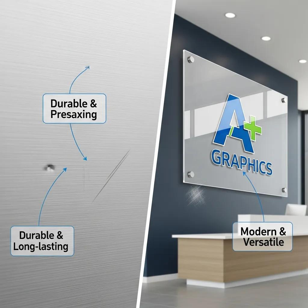 Close-up of metal and acrylic signage highlighting durability and aesthetic benefits
