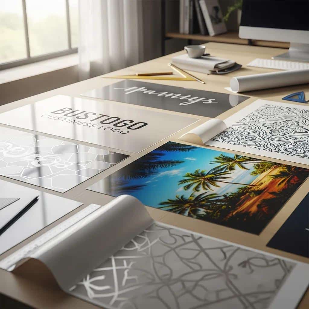 Close-up of various design options for window graphics including custom designs and full-color samples