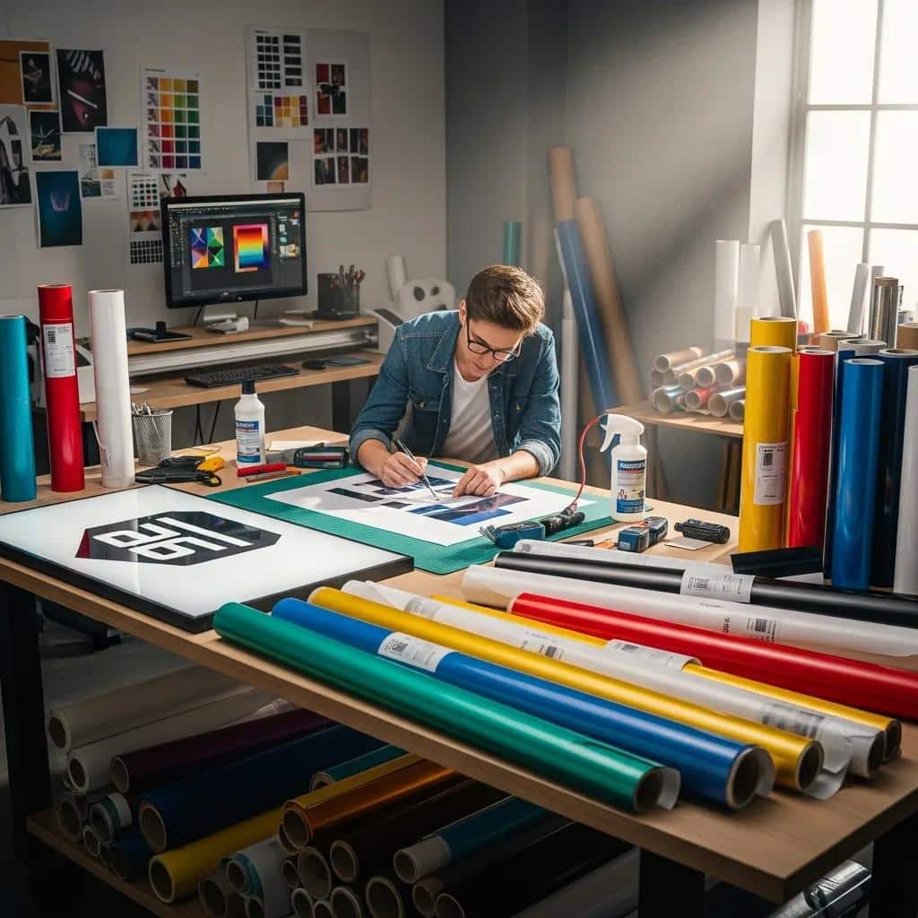 Colorful rolls of cast and calendared vinyl in a creative workspace, highlighting the versatility of vinyl for graphics