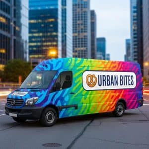 Colorful vehicle graphics showcasing brand visibility in an urban environment