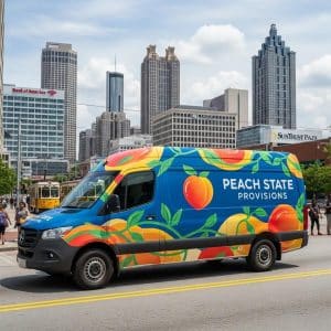Colorful vehicle wrap on a delivery van in Atlanta, highlighting branding and visibility