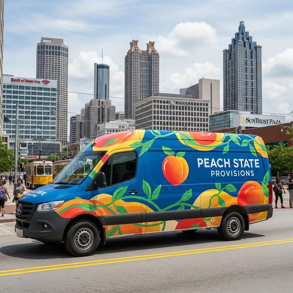 Colorful vehicle wrap on a delivery van in Atlanta, highlighting branding and visibility
