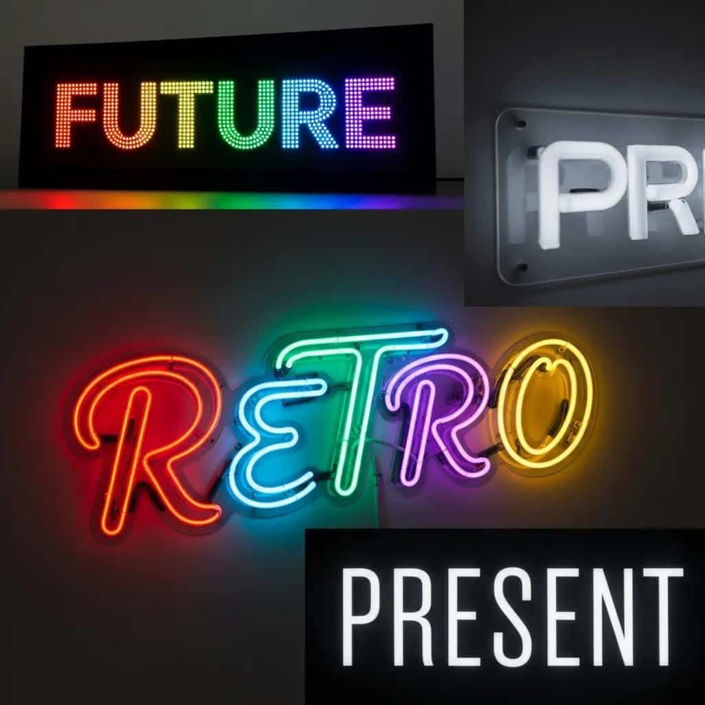 Comparison of LED, neon, and fluorescent electrical signs showcasing their unique features