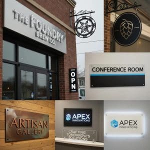 Custom metal and acrylic signage showcasing diverse designs for business branding, including "The Foundry Brew Co," "Conference Room," "Artisan Gallery," and "Apex Innovations."