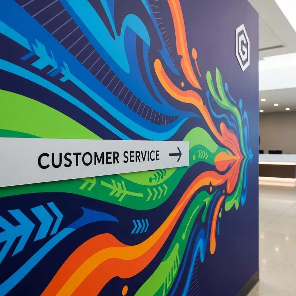 Custom wall graphic in a corporate setting enhancing brand visibility and customer navigation