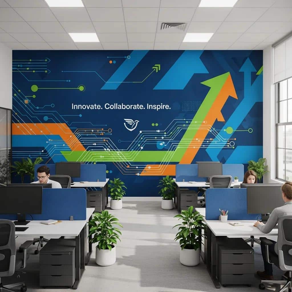 Custom wall mural in an office enhancing branding and employee engagement