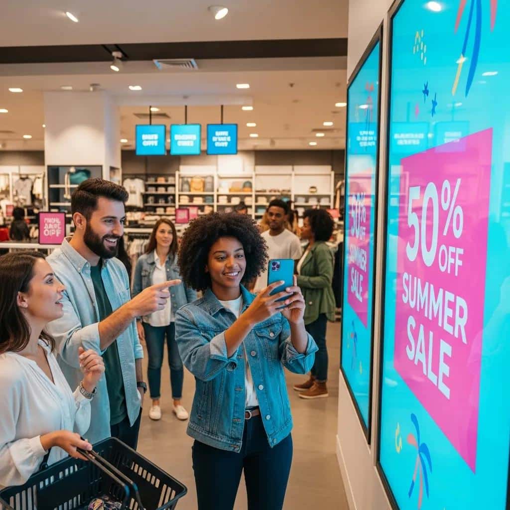 Customers engaging with signage in a retail space, highlighting interaction metrics