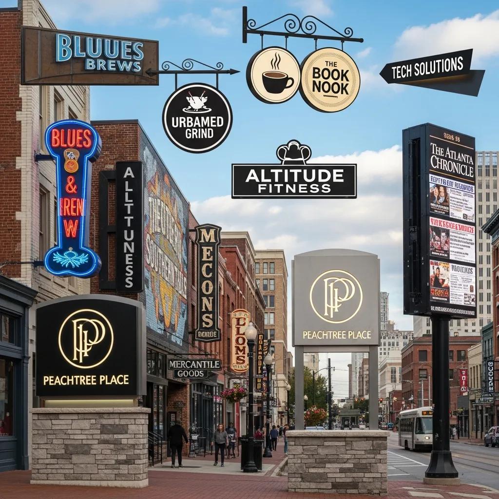 Different types of business signs including freestanding, wall, and projecting signs in an Atlanta street setting