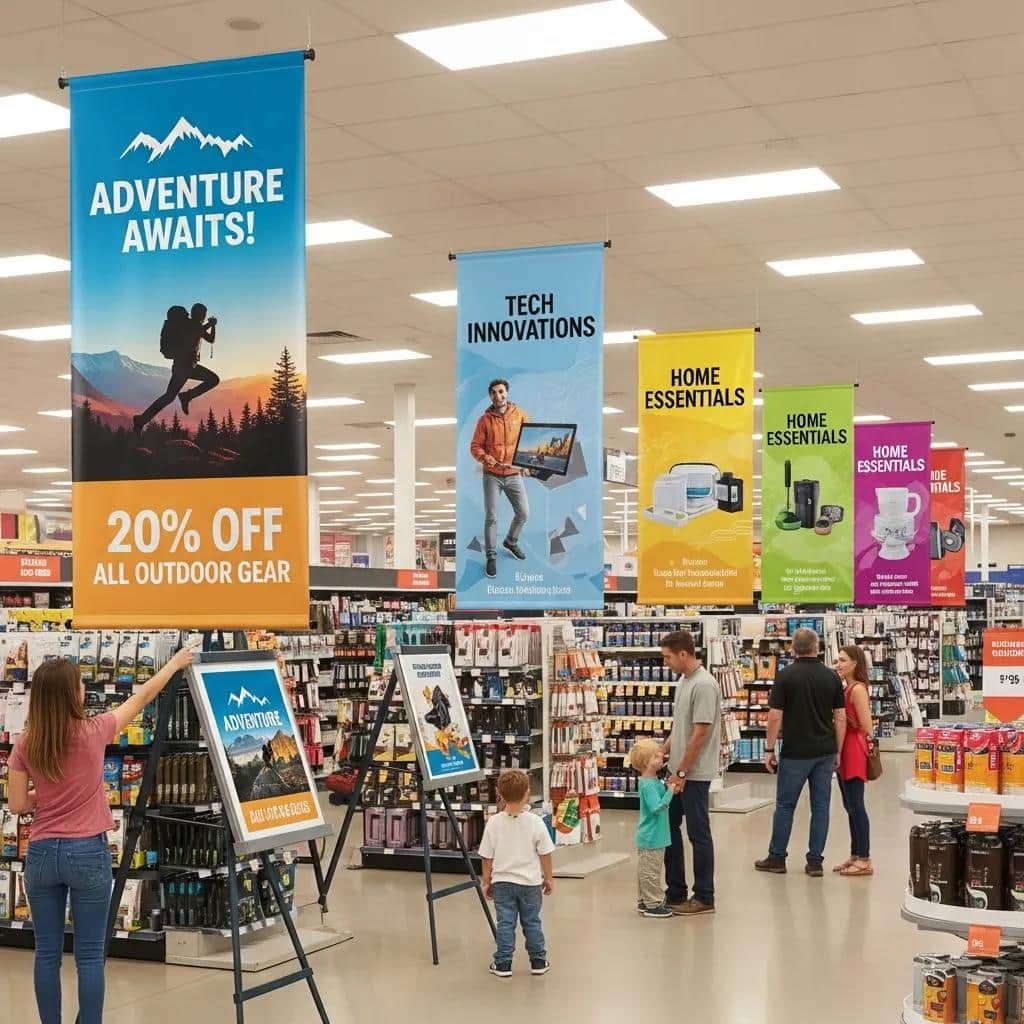 Display of custom signage and vinyl banners in a retail environment, showcasing vibrant designs