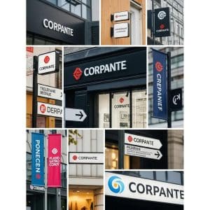 Diverse corporate signage showcasing brand consistency and visual identity in a vibrant urban environment.