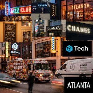 Diverse custom business signs in an urban Atlanta setting showcasing branding solutions