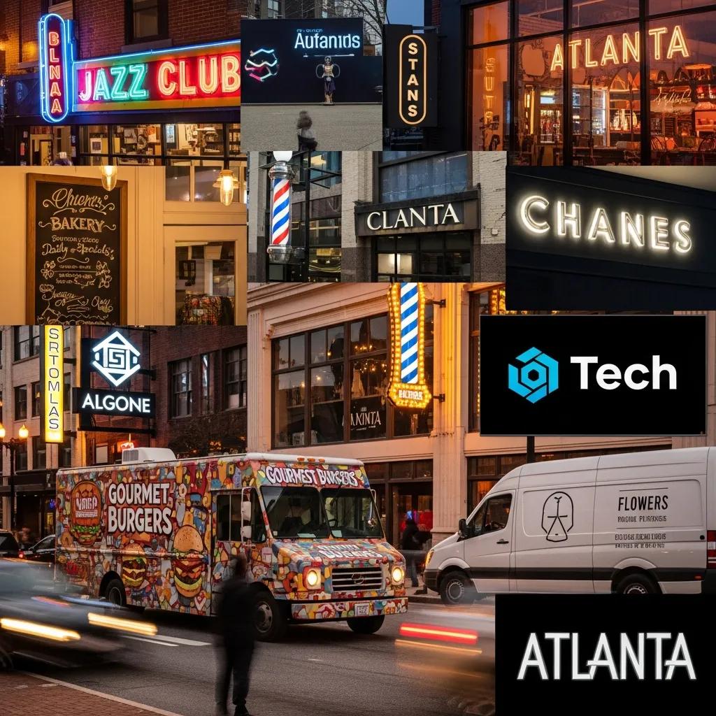 Diverse custom business signs in an urban Atlanta setting showcasing branding solutions