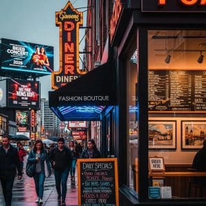 Diverse signage in an urban setting enhancing brand visibility and customer engagement