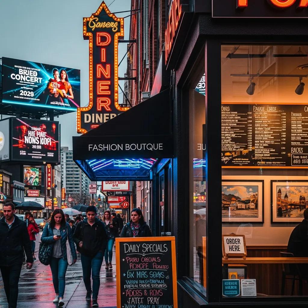 Diverse signage in an urban setting enhancing brand visibility and customer engagement