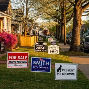 Diverse signage in Atlanta neighborhoods highlighting zoning and HOA regulations