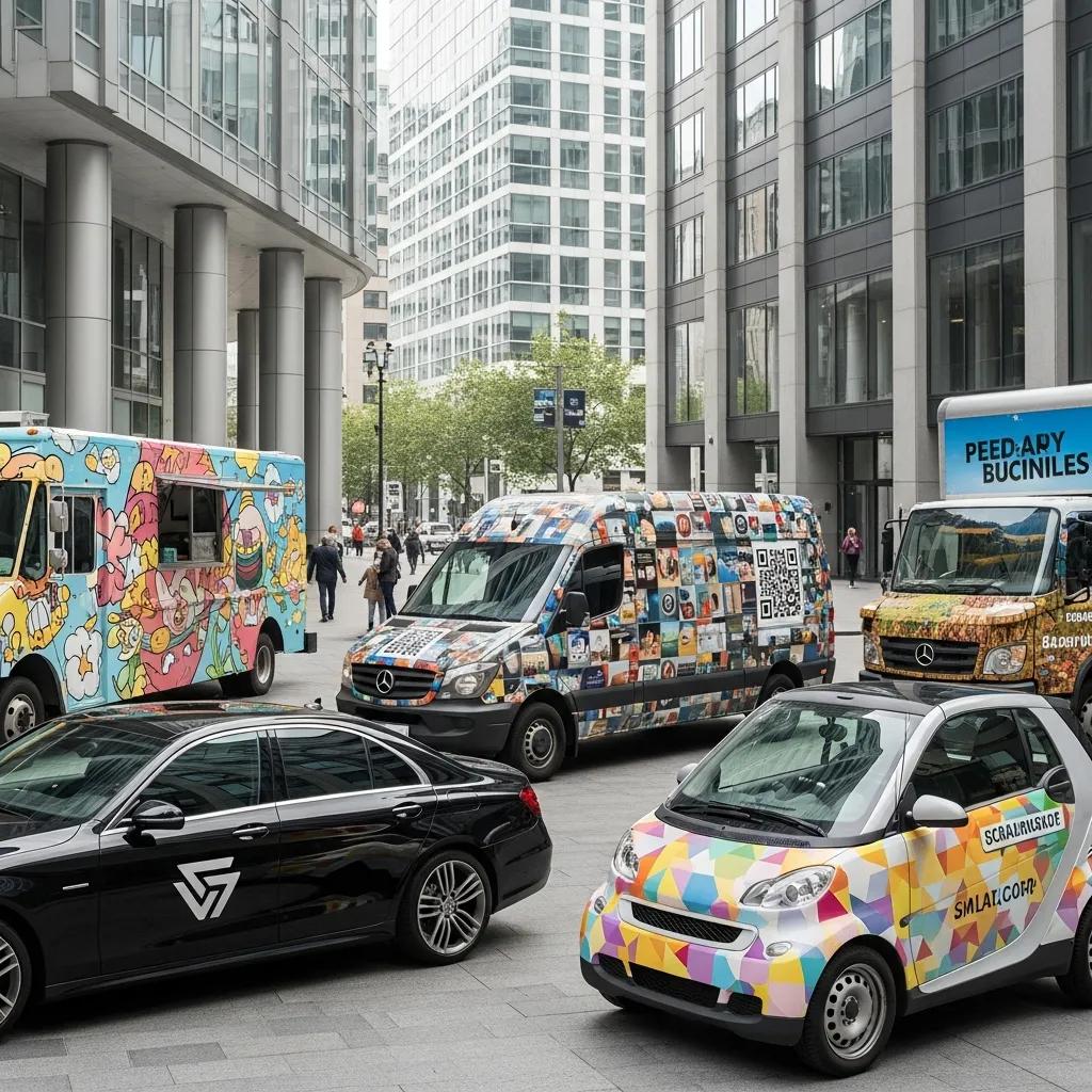 Diverse vehicle wraps in a business district, demonstrating branding benefits for Atlanta businesses