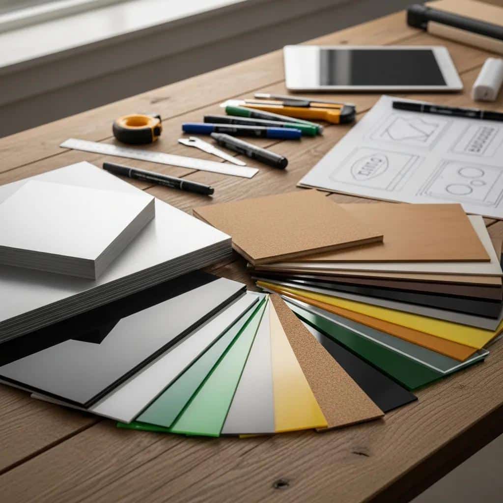 Eco-friendly materials for sign fabrication displayed on a wooden table