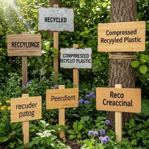 Eco-friendly signage options displayed in a natural setting, emphasizing sustainability and green branding