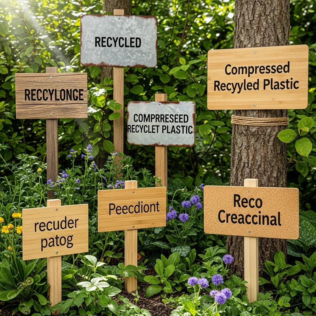 Eco-friendly signage options displayed in a natural setting, emphasizing sustainability and green branding