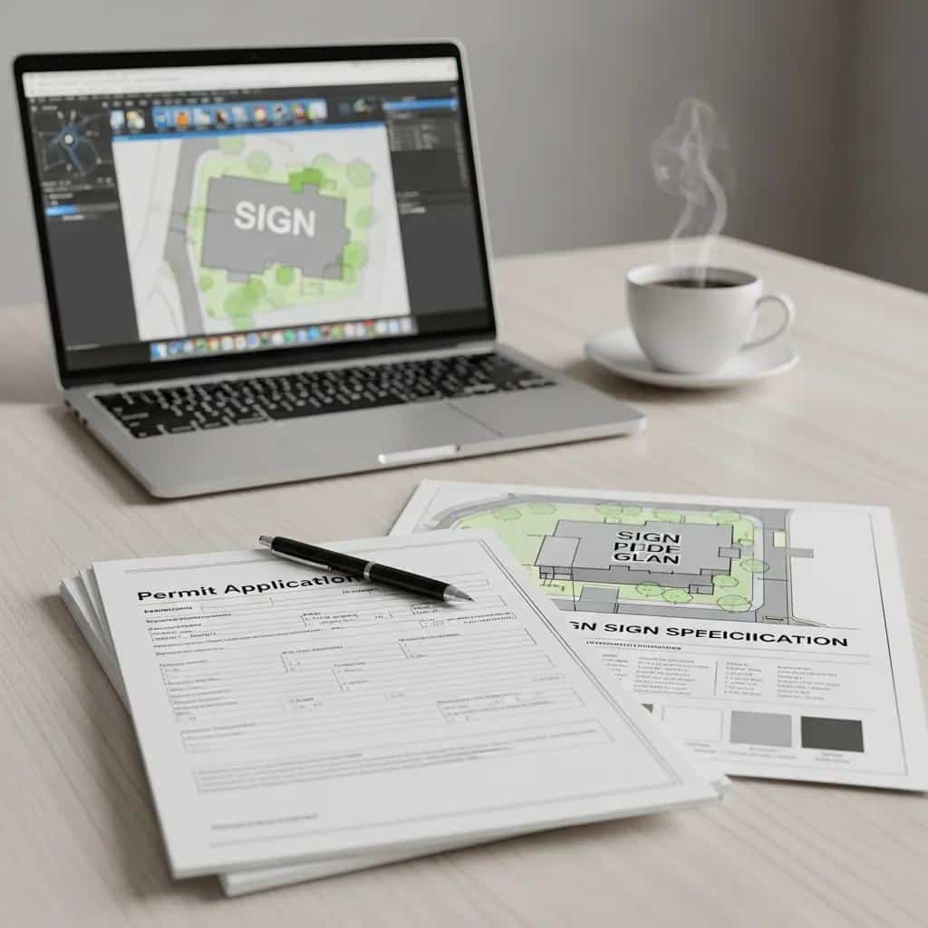Essential documents for a sign permit application displayed on a desk, including a permit application form, site plan, and sign specifications