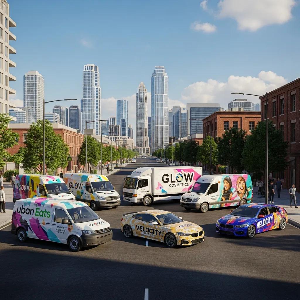 Fleet of vehicles with colorful graphics in an urban setting, showcasing effective vehicle branding
