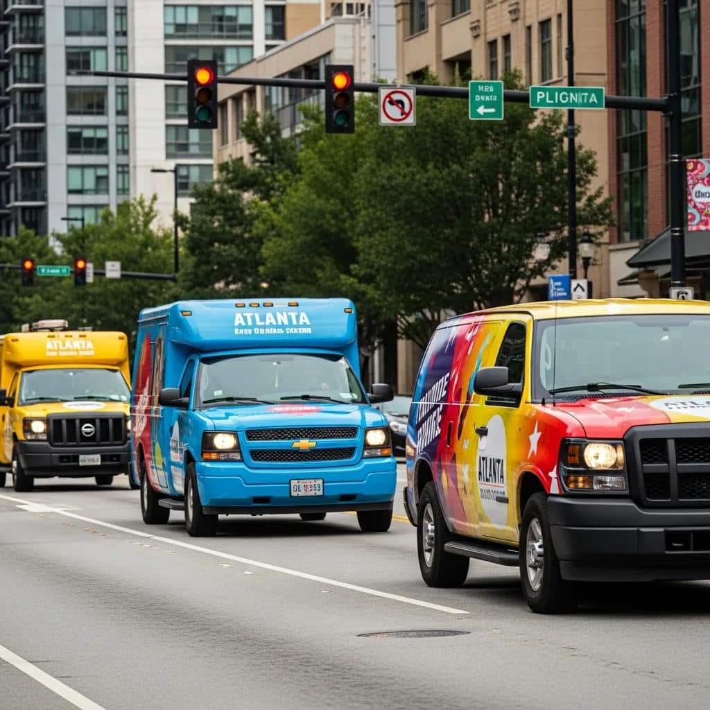 Fleet vehicles with vibrant wraps driving in Atlanta, showcasing mobile advertising