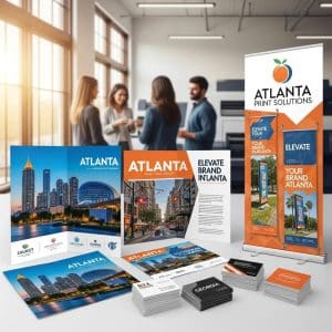 Full color printed materials including brochures and banners in a professional setting, emphasizing branding and visibility