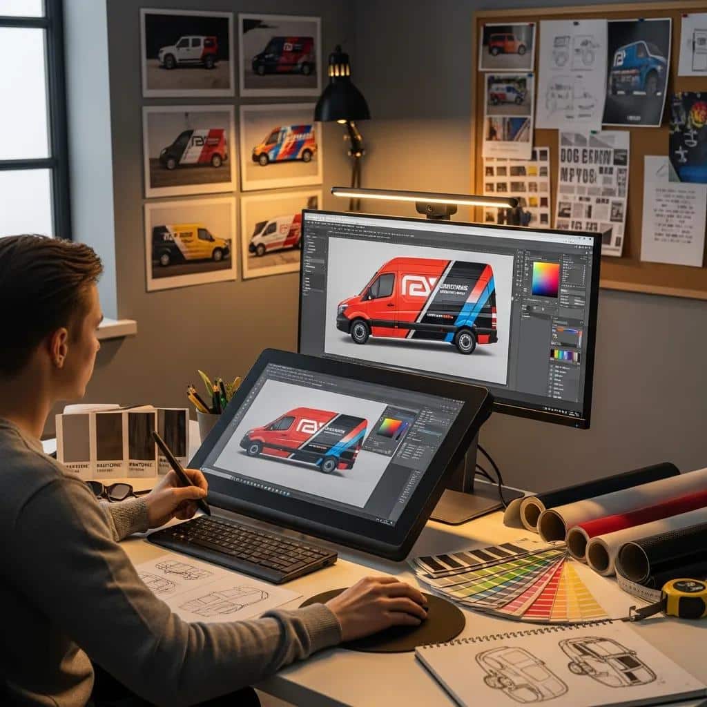 Graphic designer creating a custom vehicle wrap design in a creative workspace