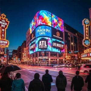 Illuminated LED signage in Atlanta attracting attention on a busy street
