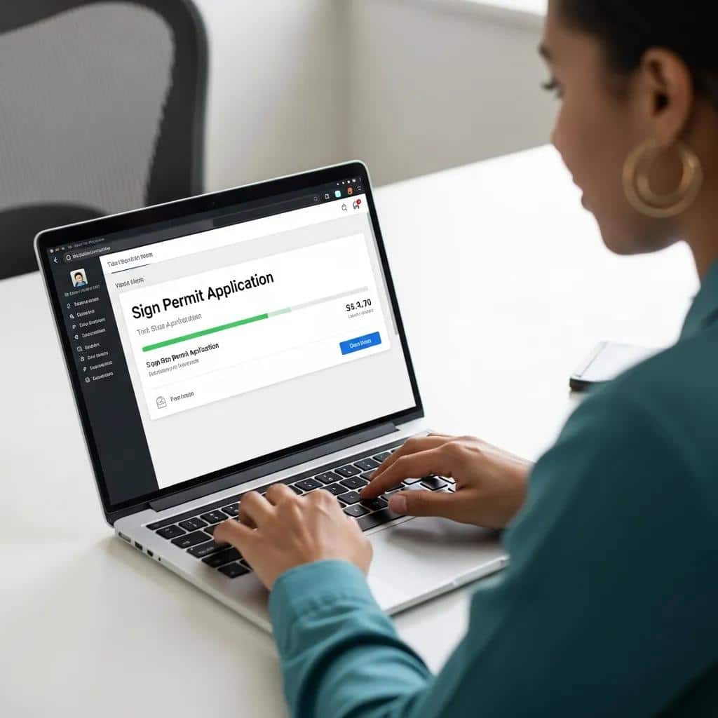Individual tracking the status of a sign permit application on a laptop, highlighting the importance of staying proactive in the approval process