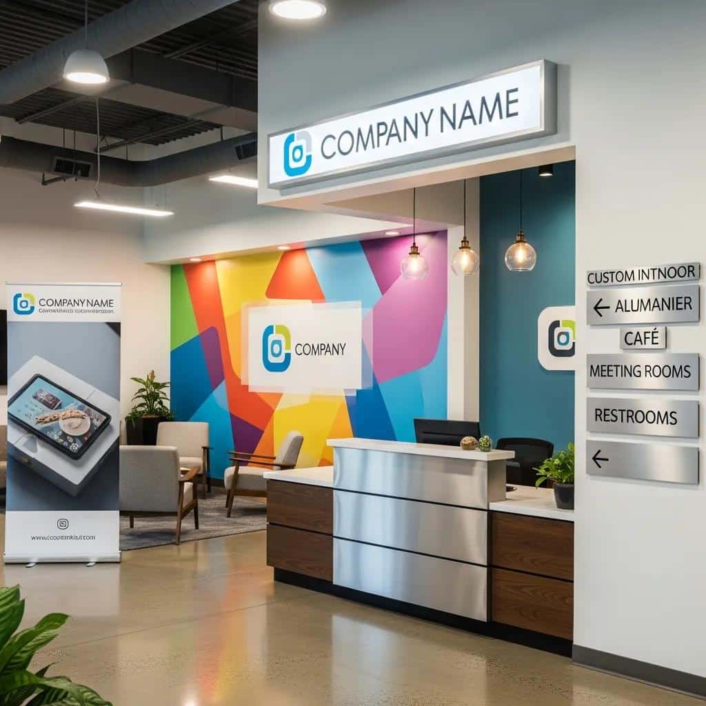 Interior of a modern business space featuring vibrant indoor signage, including a reception area with a company logo, directional signs for café and restrooms, and a promotional banner showcasing custom signage solutions.